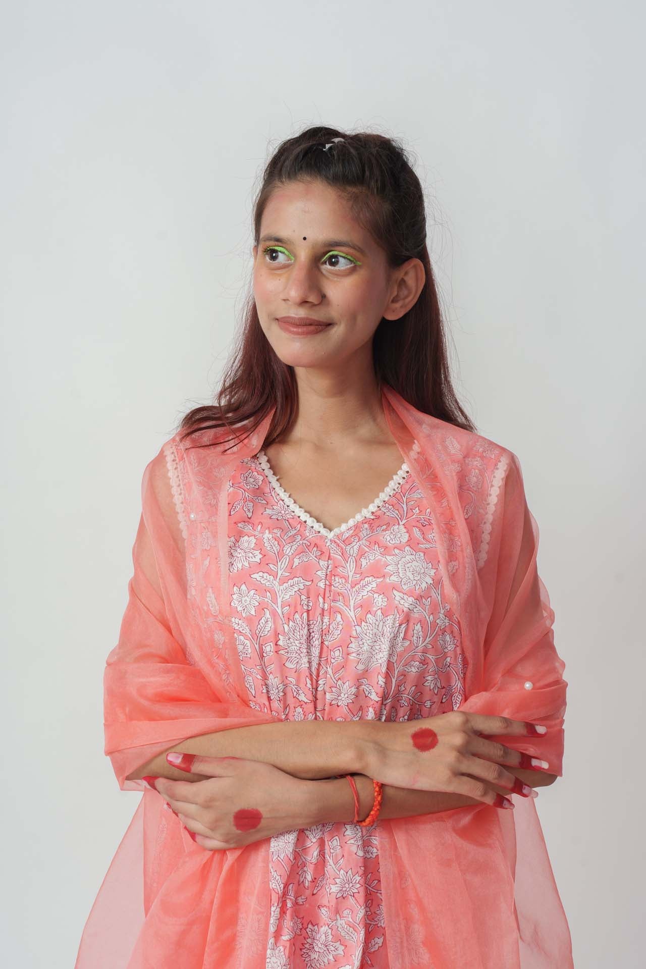 Peachy twinkle block kurta set