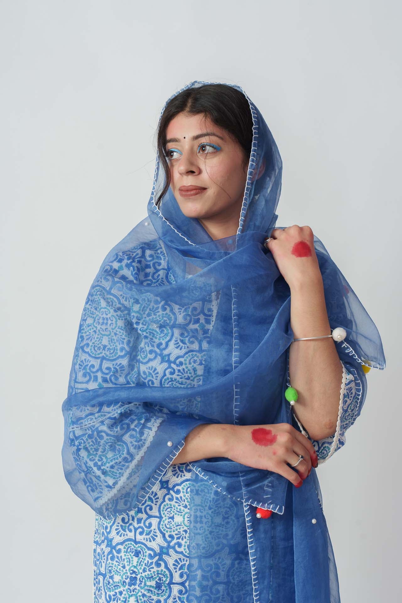 Blue potery block kurta set