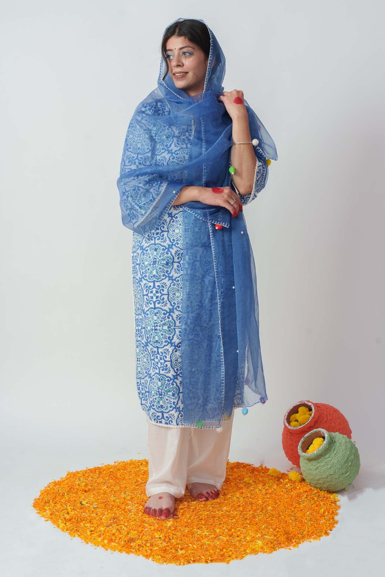 Blue potery block kurta set