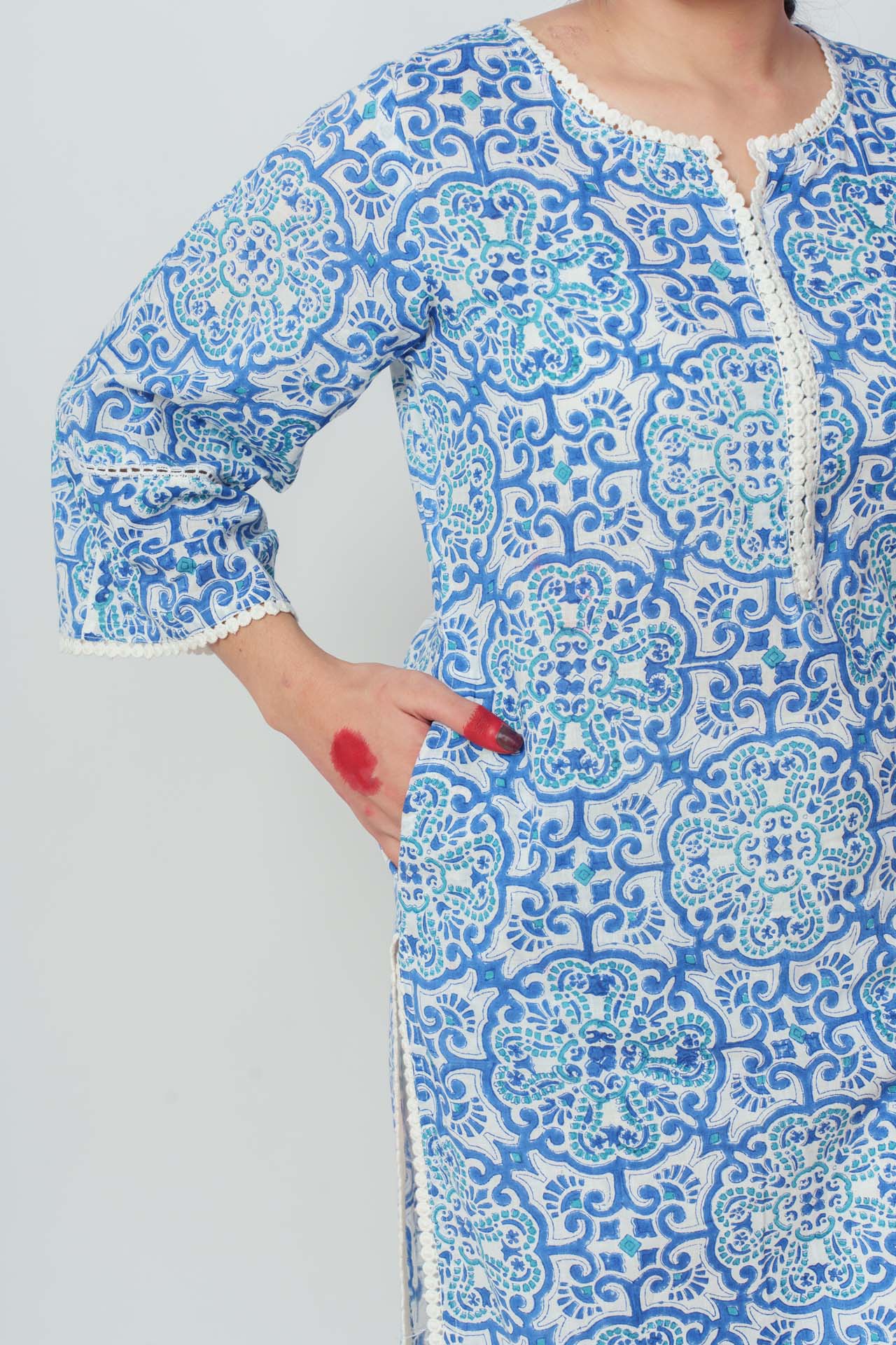 Blue potery block kurta set