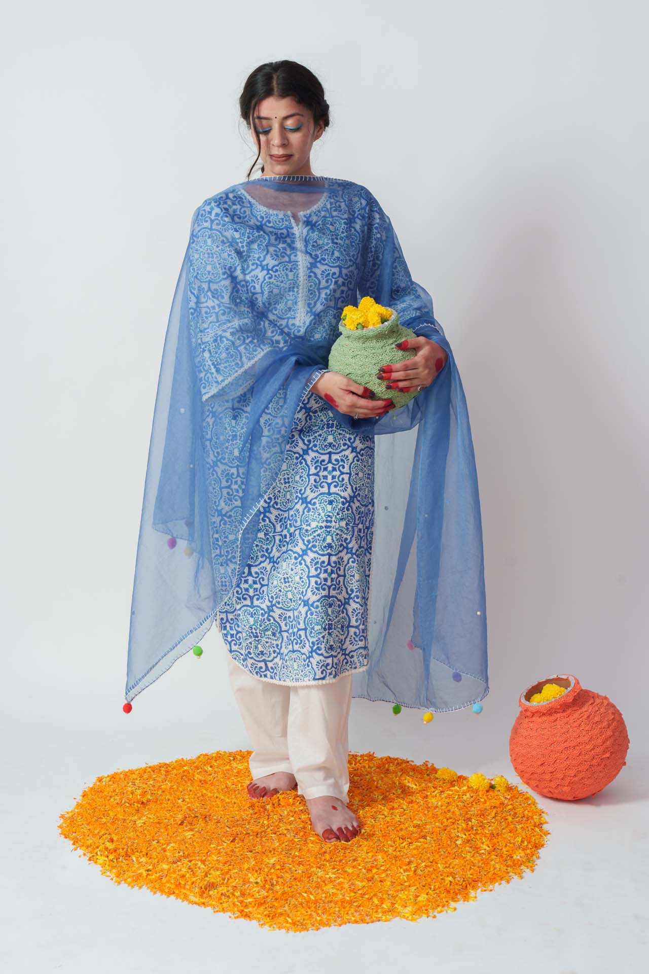 Blue potery block kurta set