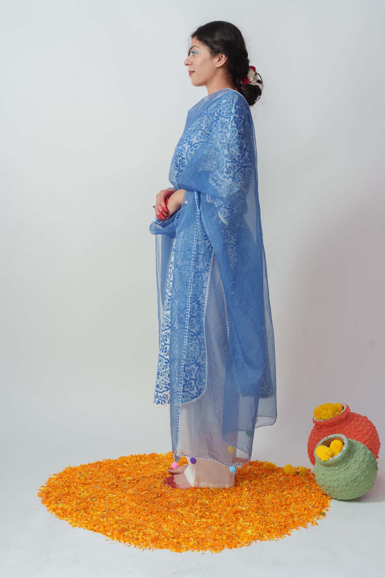 Blue potery block kurta set