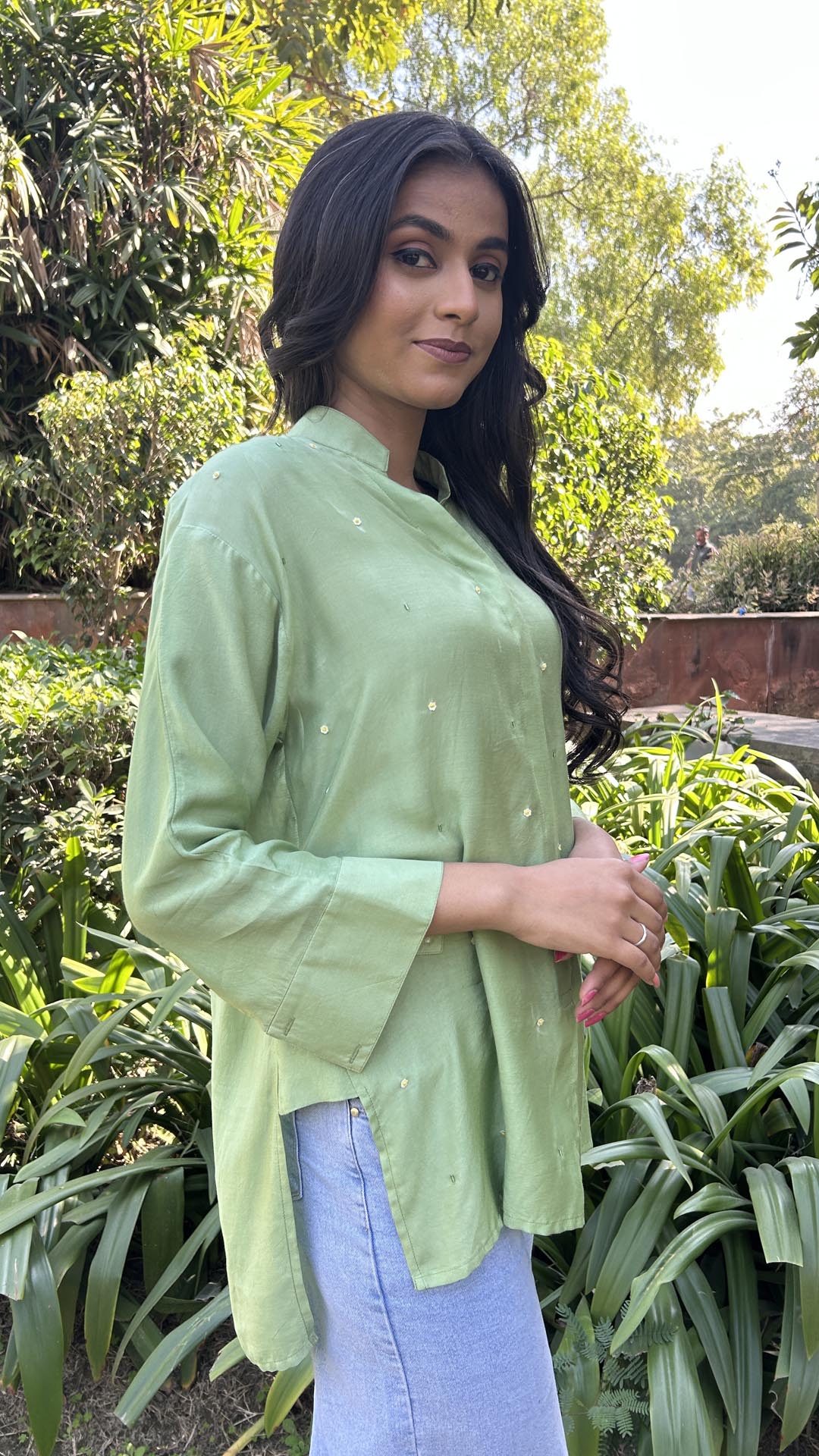 Green SOLID EMBROIDERED OVERSIZE SHIRT