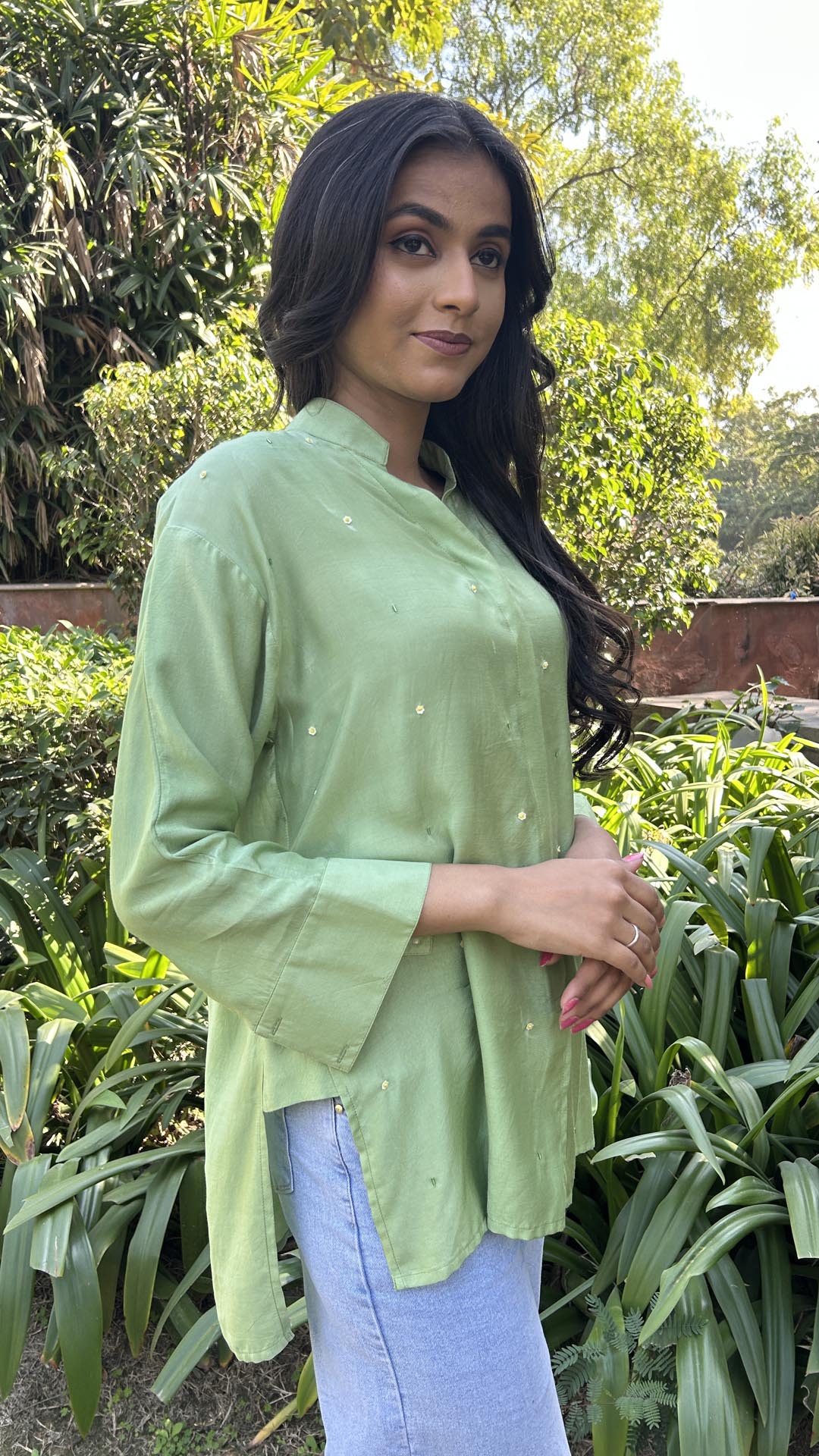 Green SOLID EMBROIDERED OVERSIZE SHIRT