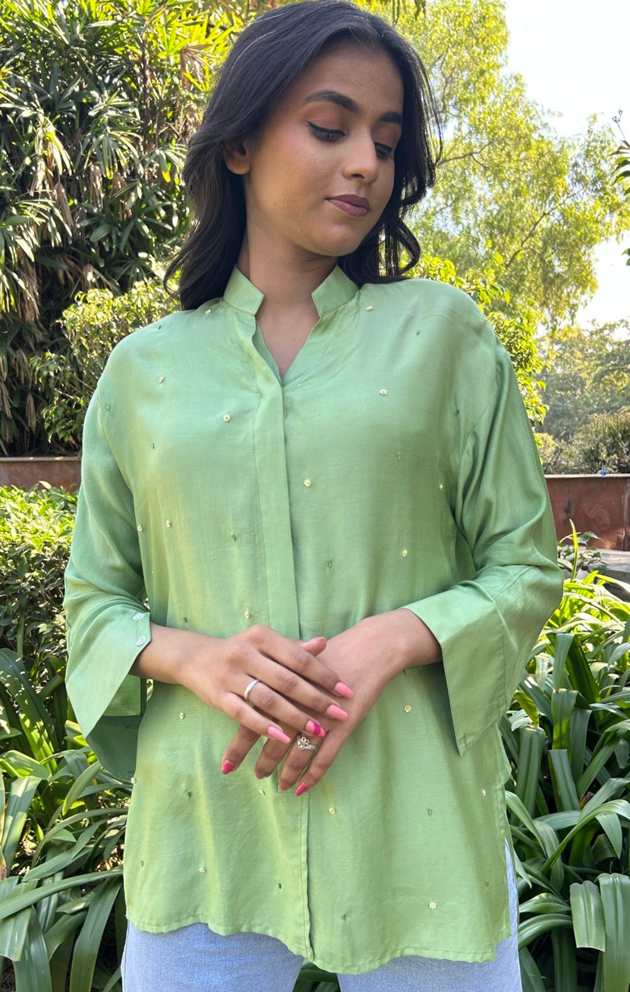 Green SOLID EMBROIDERED OVERSIZE SHIRT