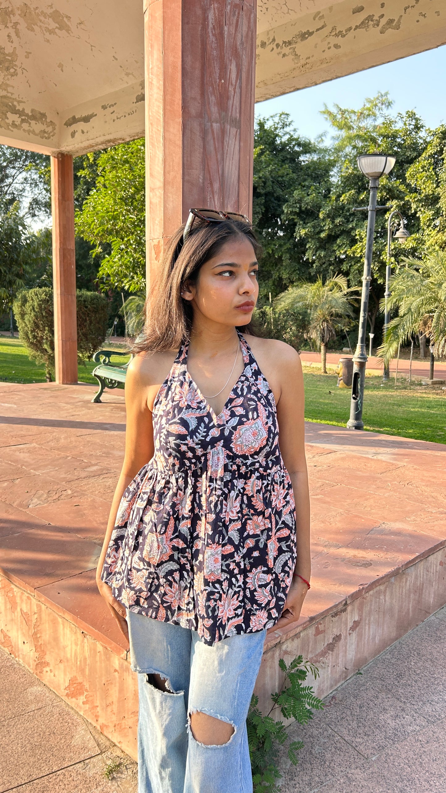 Black block printed short top