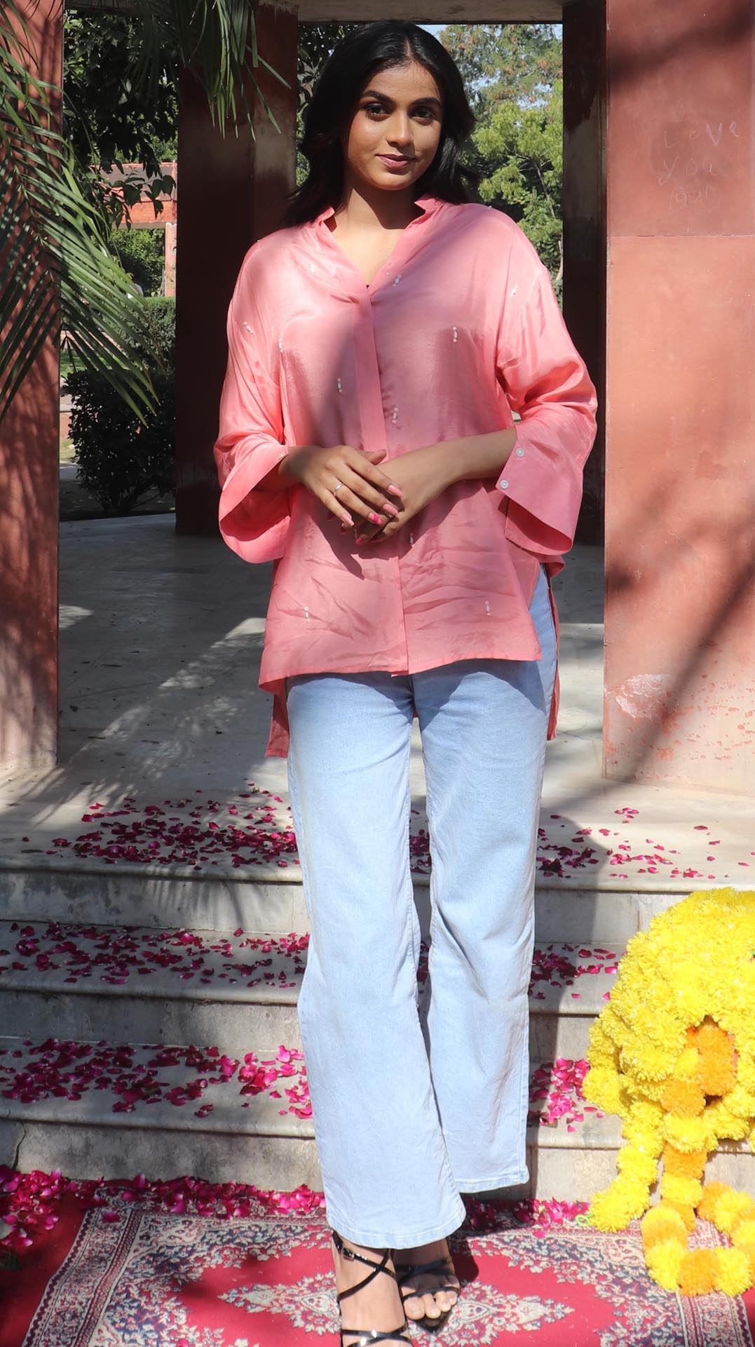 Peach SOLID EMBROIDERED OVERSIZE SHIRT