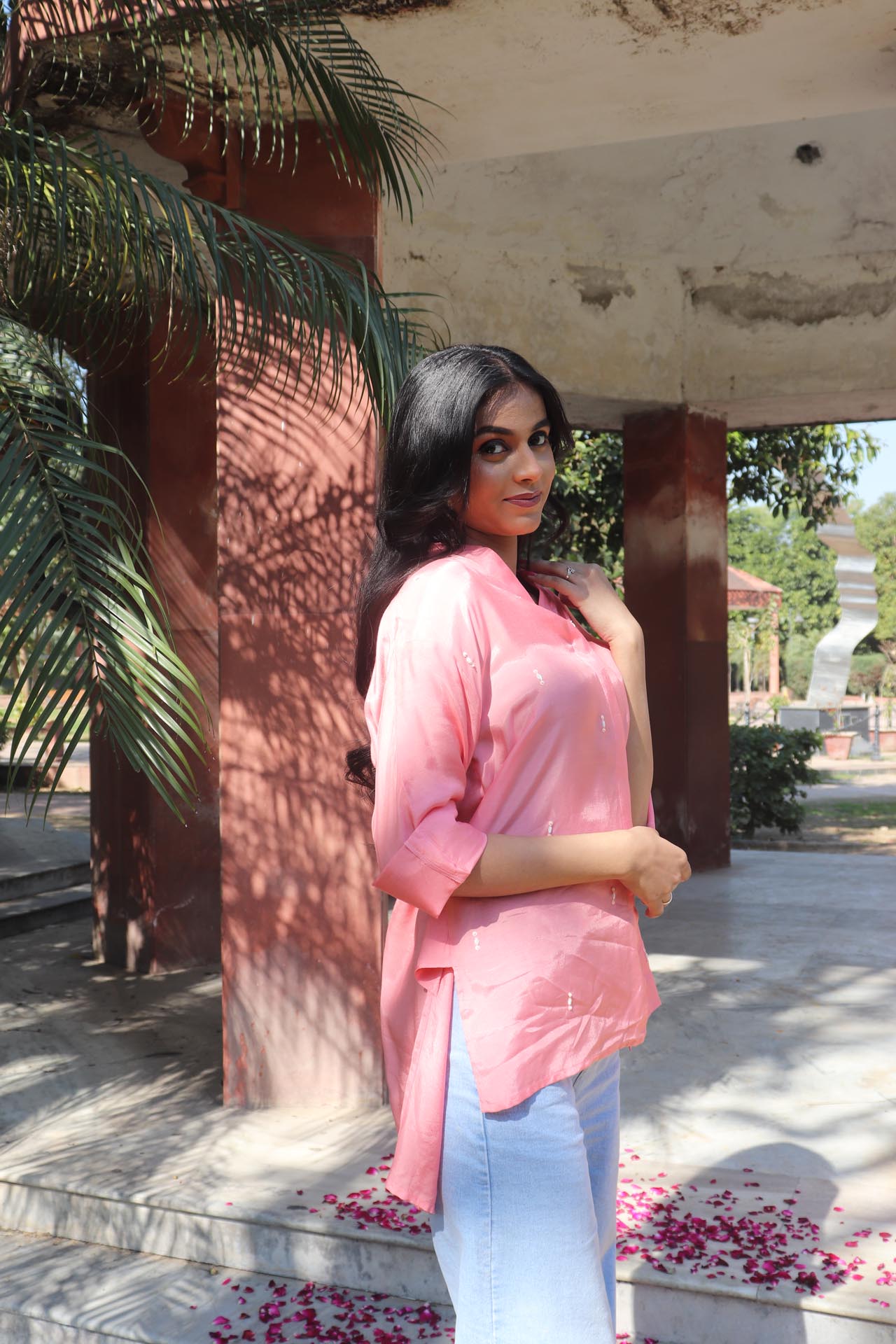Peach SOLID EMBROIDERED OVERSIZE SHIRT