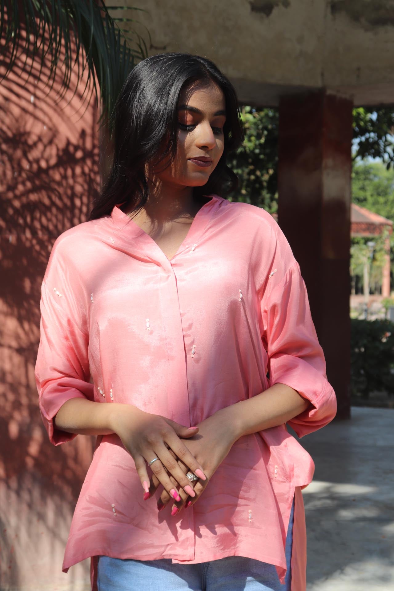 Peach SOLID EMBROIDERED OVERSIZE SHIRT