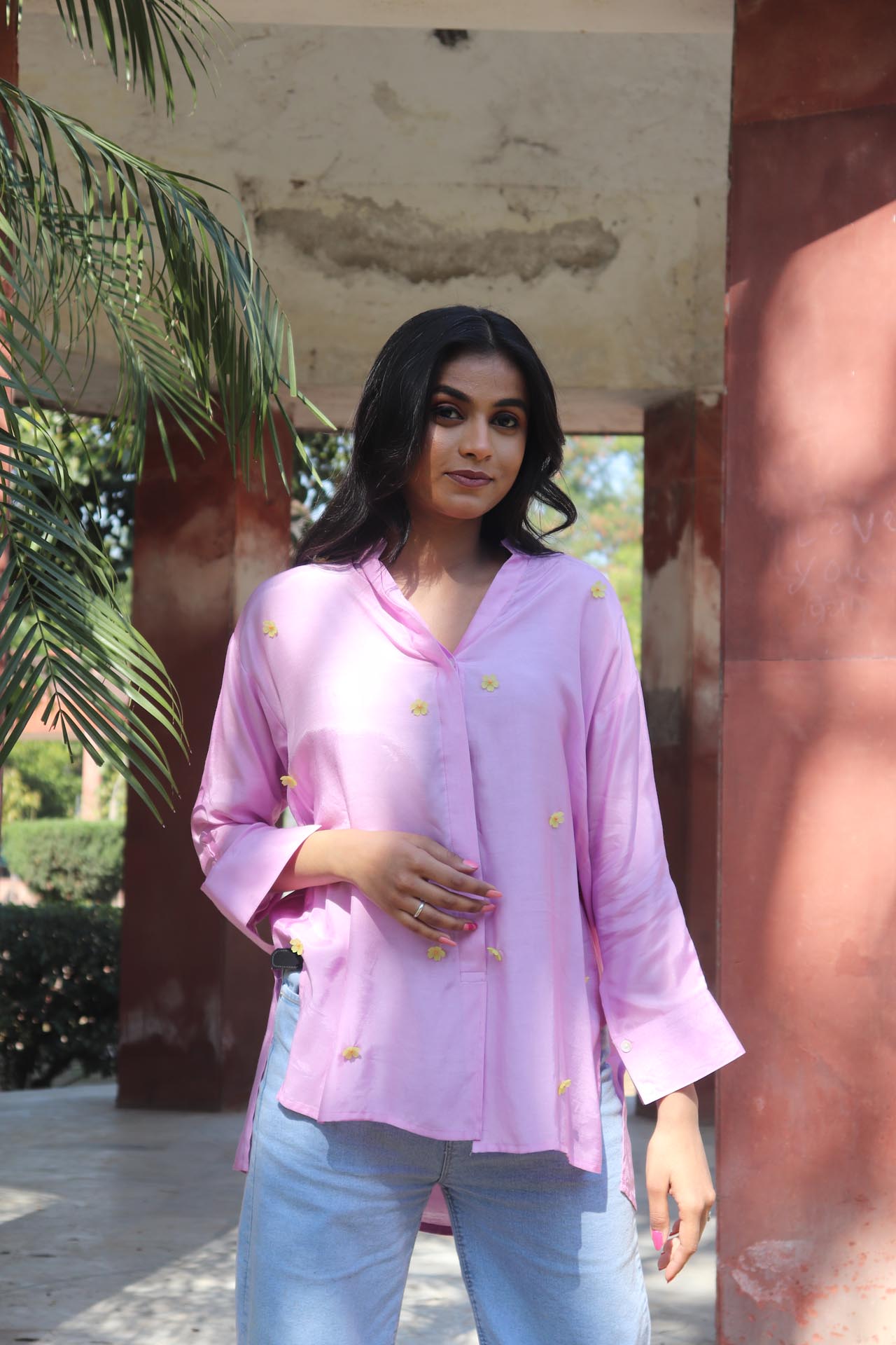 Purple SOLID EMBROIDERED OVERSIZE SHIRT