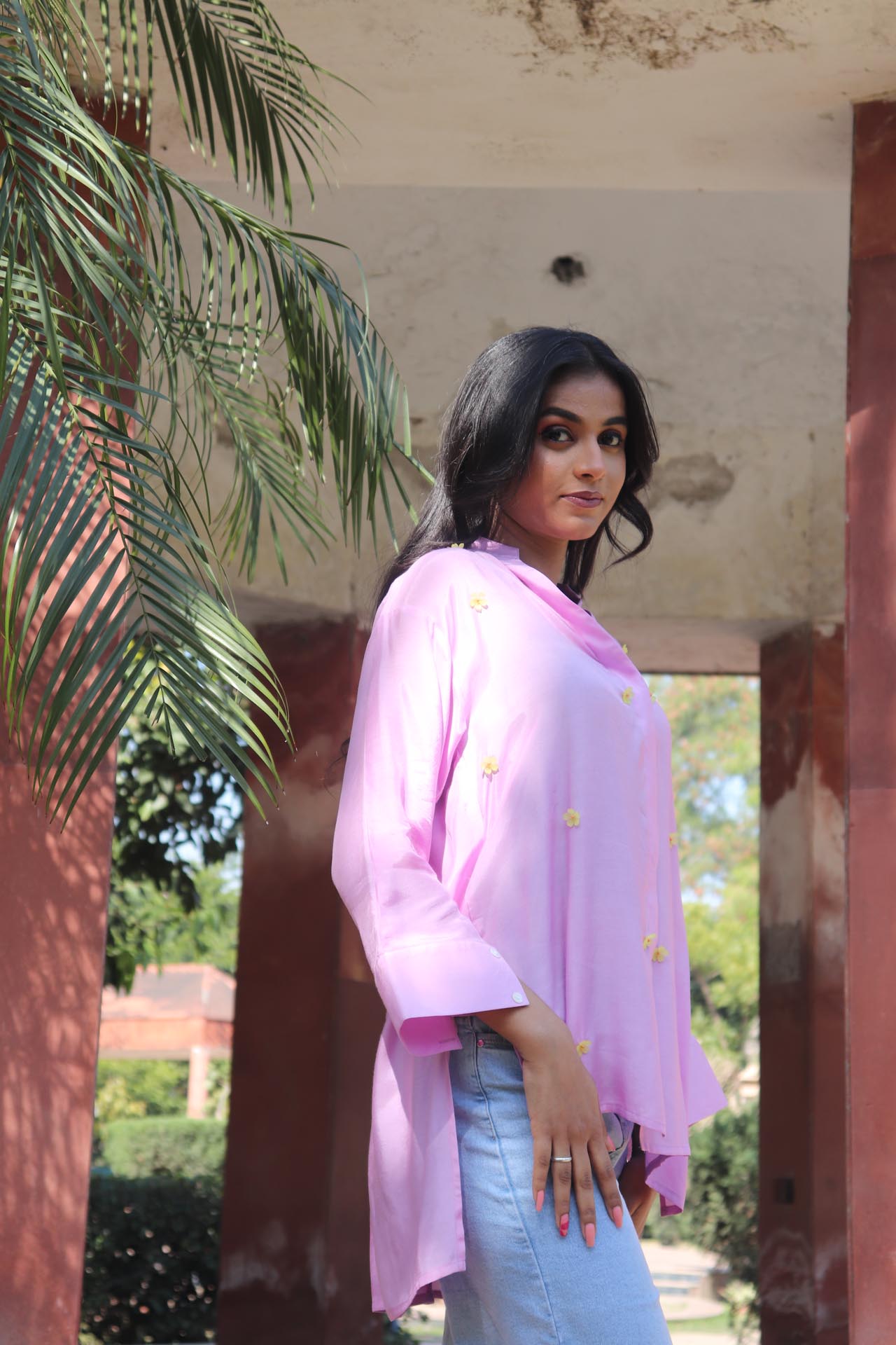 Purple SOLID EMBROIDERED OVERSIZE SHIRT