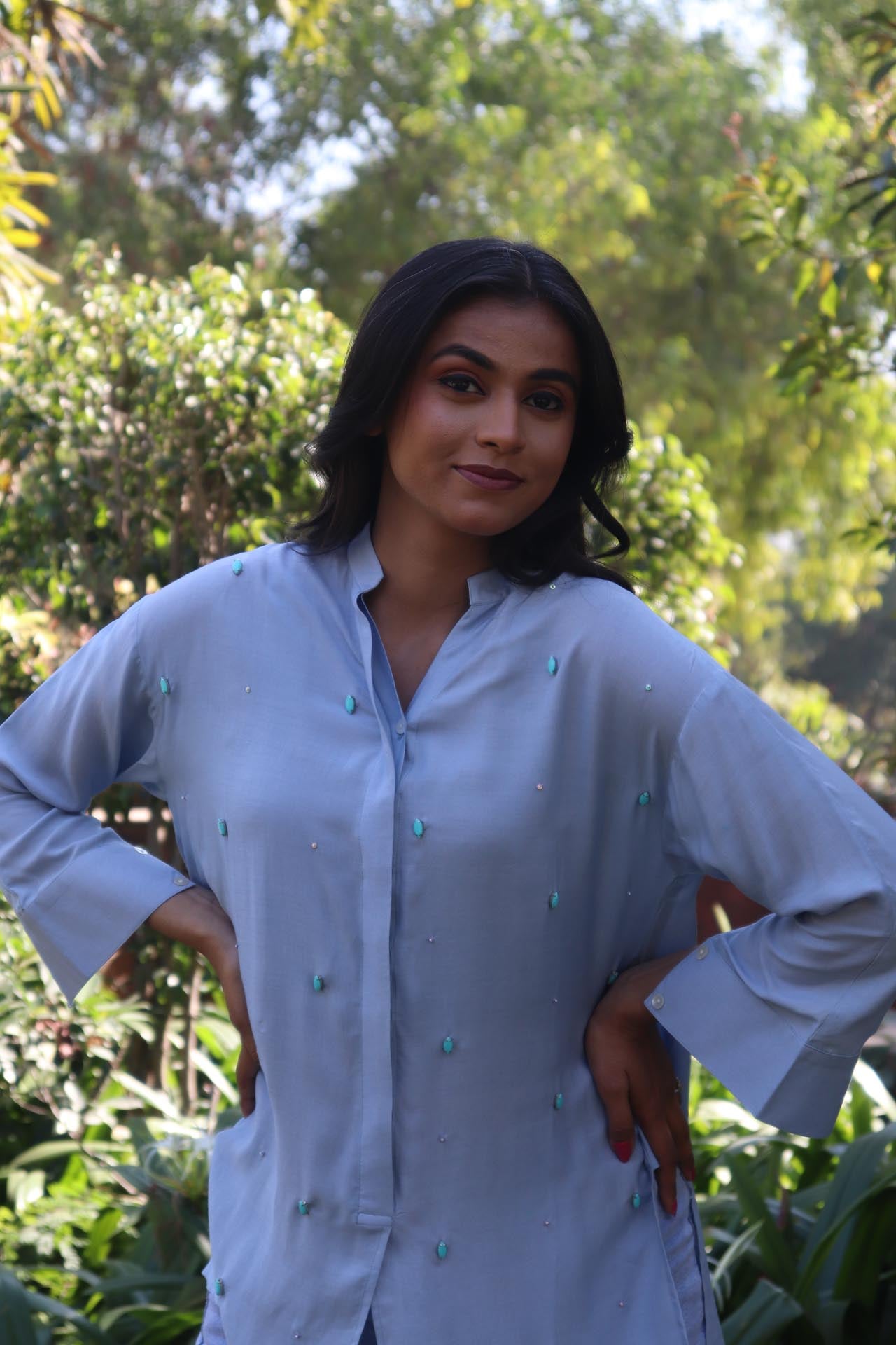BLUE SOLID EMBROIDERED OVERSIZE SHIRT