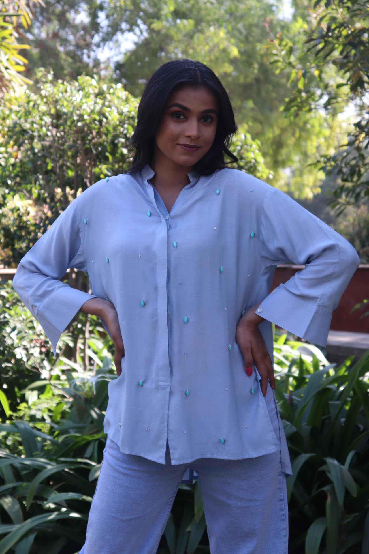 BLUE SOLID EMBROIDERED OVERSIZE SHIRT