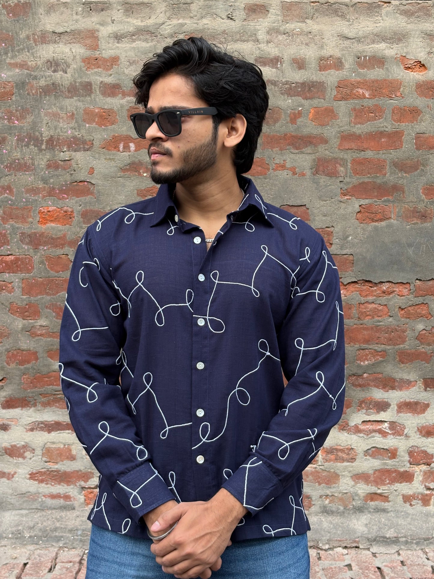 Navy Blue Abstract Line Print men's shirt
