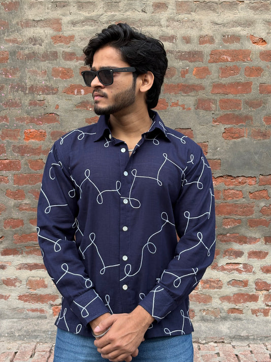 Navy Blue Abstract Line Print men's shirt