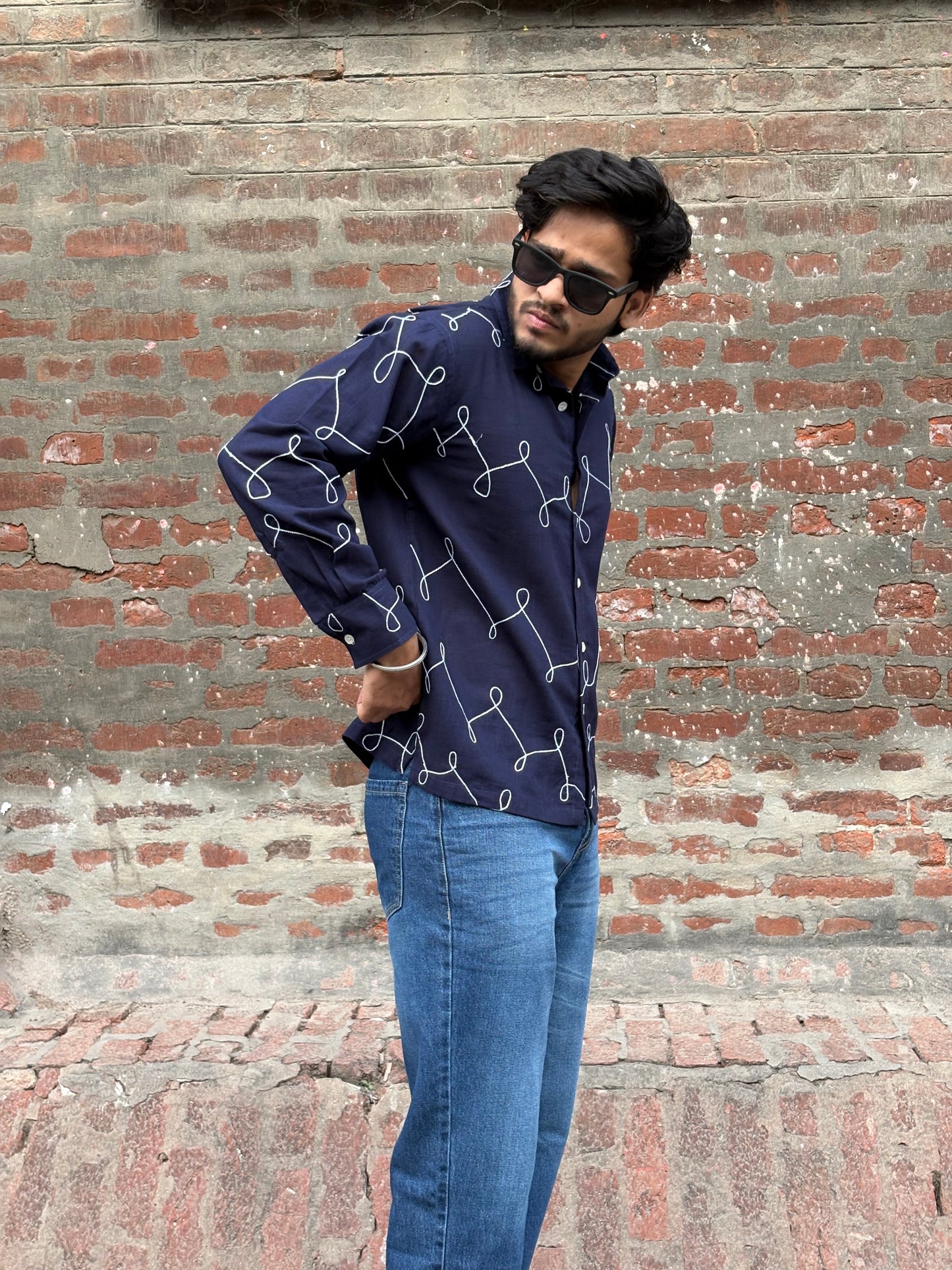 Navy Blue Abstract Line Print men's shirt