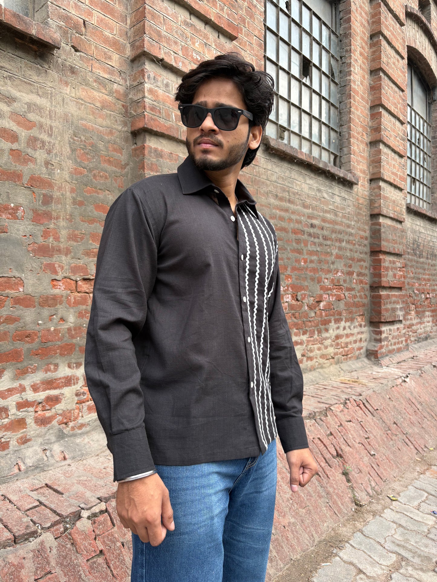 Black Zig-Zag lace men's cotton shirt