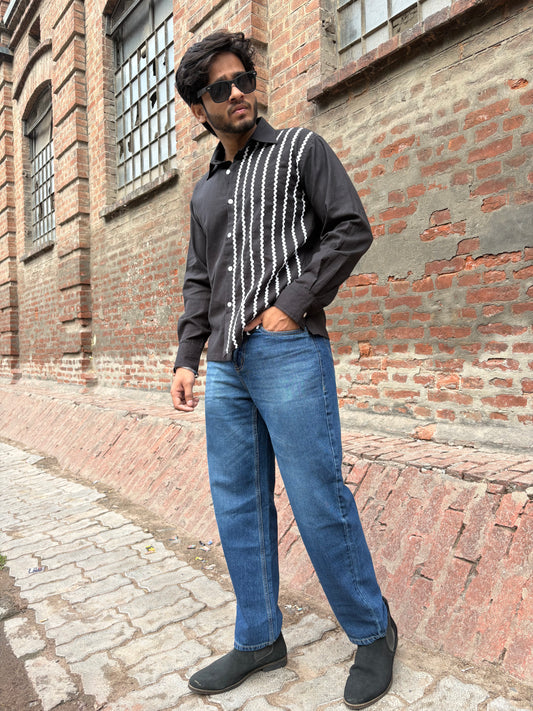 Black Zig-Zag lace men's cotton shirt