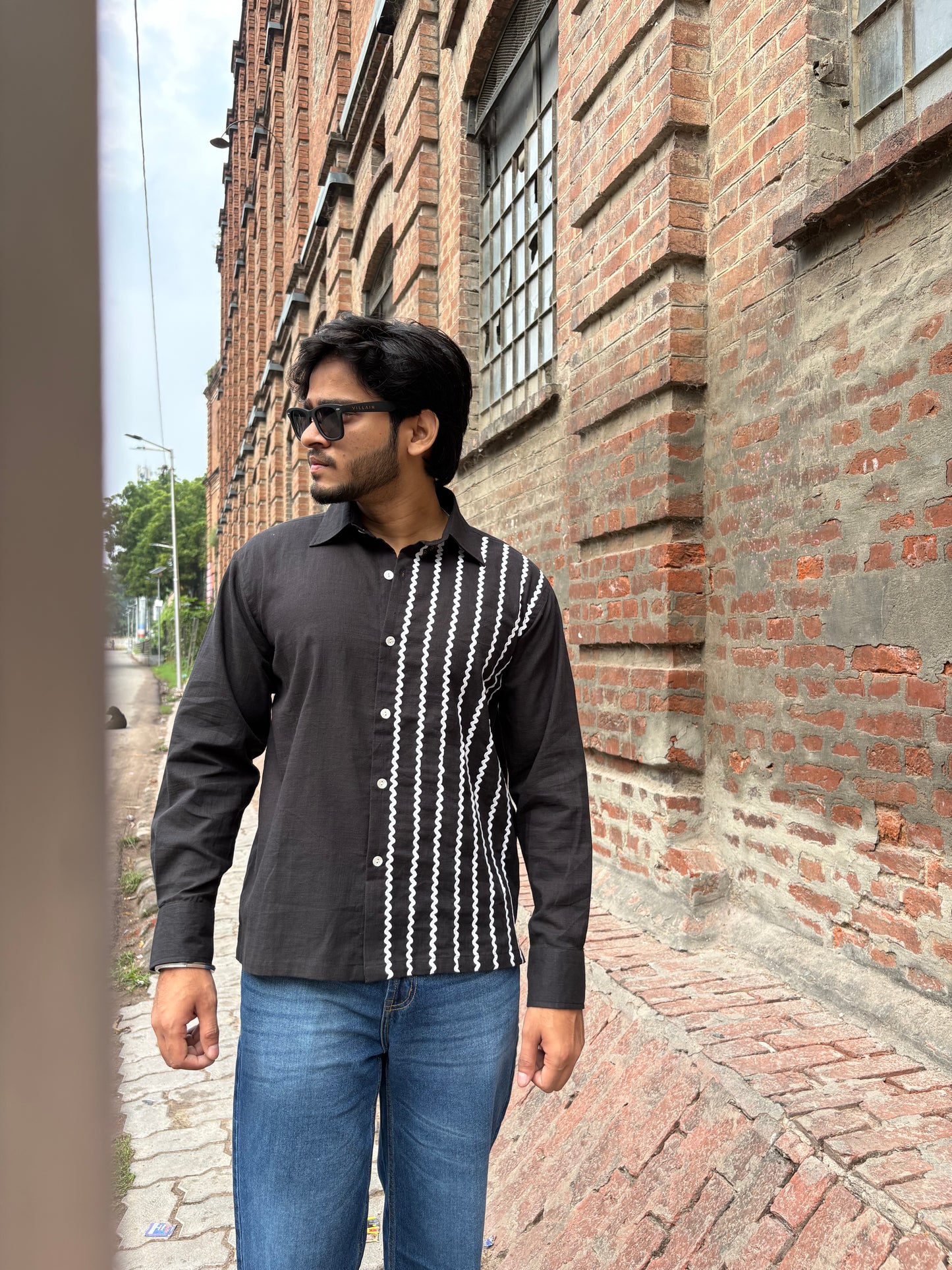 Black Zig-Zag lace men's cotton shirt