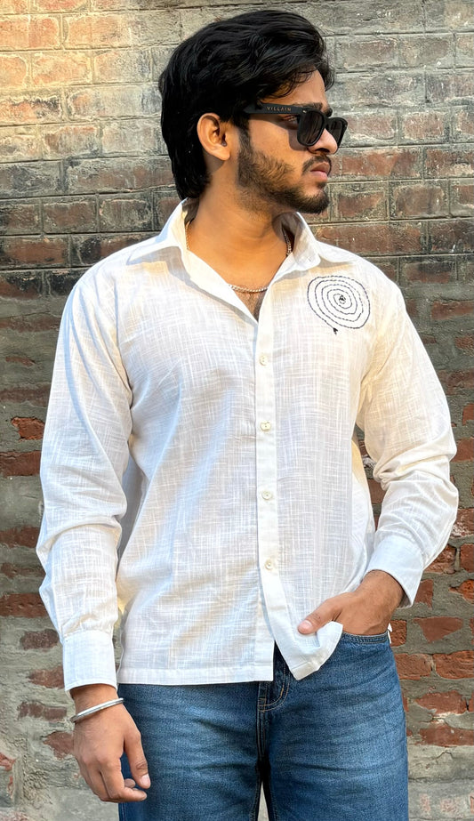 White Hand Embroidered men's cotton shirt