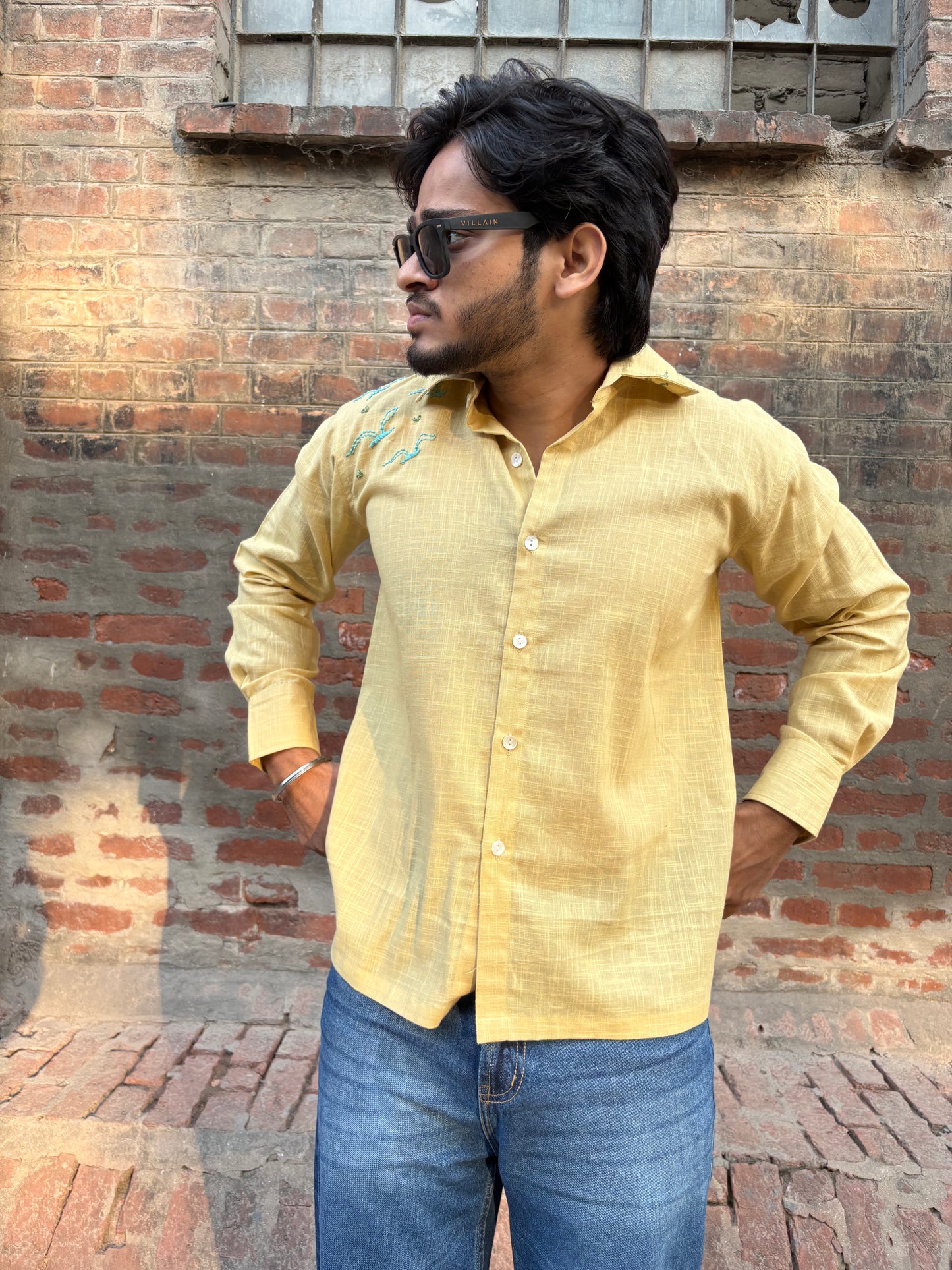 Mustard Yellow Bird Embroidered men’s Cotton Shirt