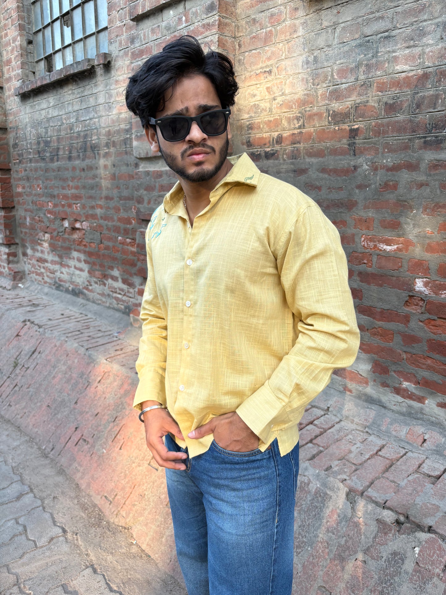 Mustard Yellow Bird Embroidered men’s Cotton Shirt