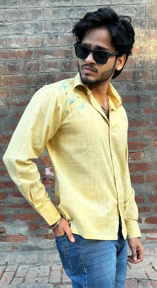 Mustard Yellow Bird Embroidered men’s Cotton Shirt
