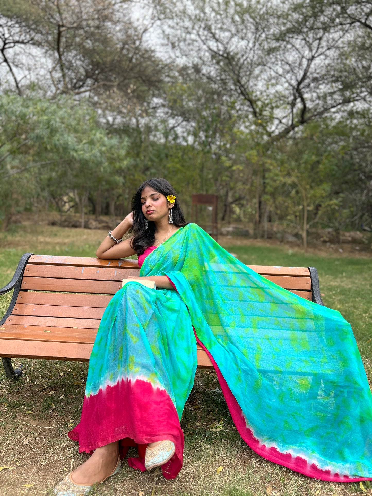 DARK GREEN chiffon tie&dye saree