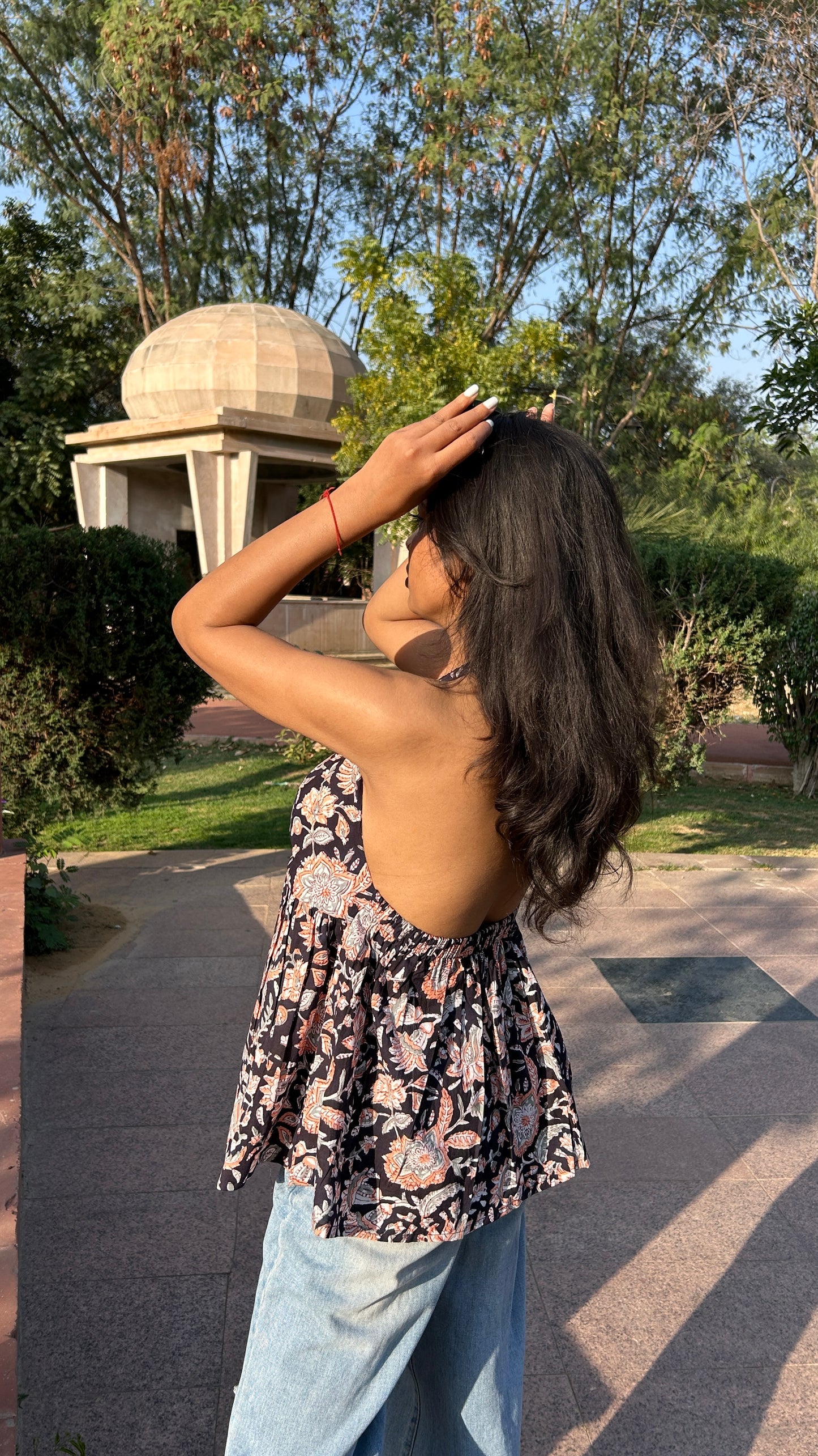 Black block printed short top