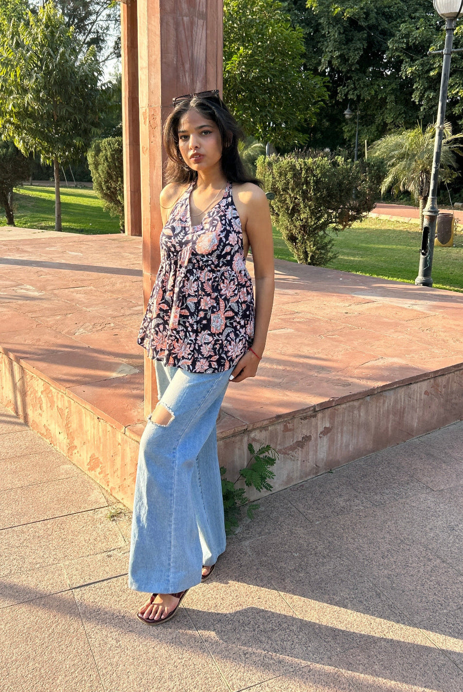 Black block printed short top