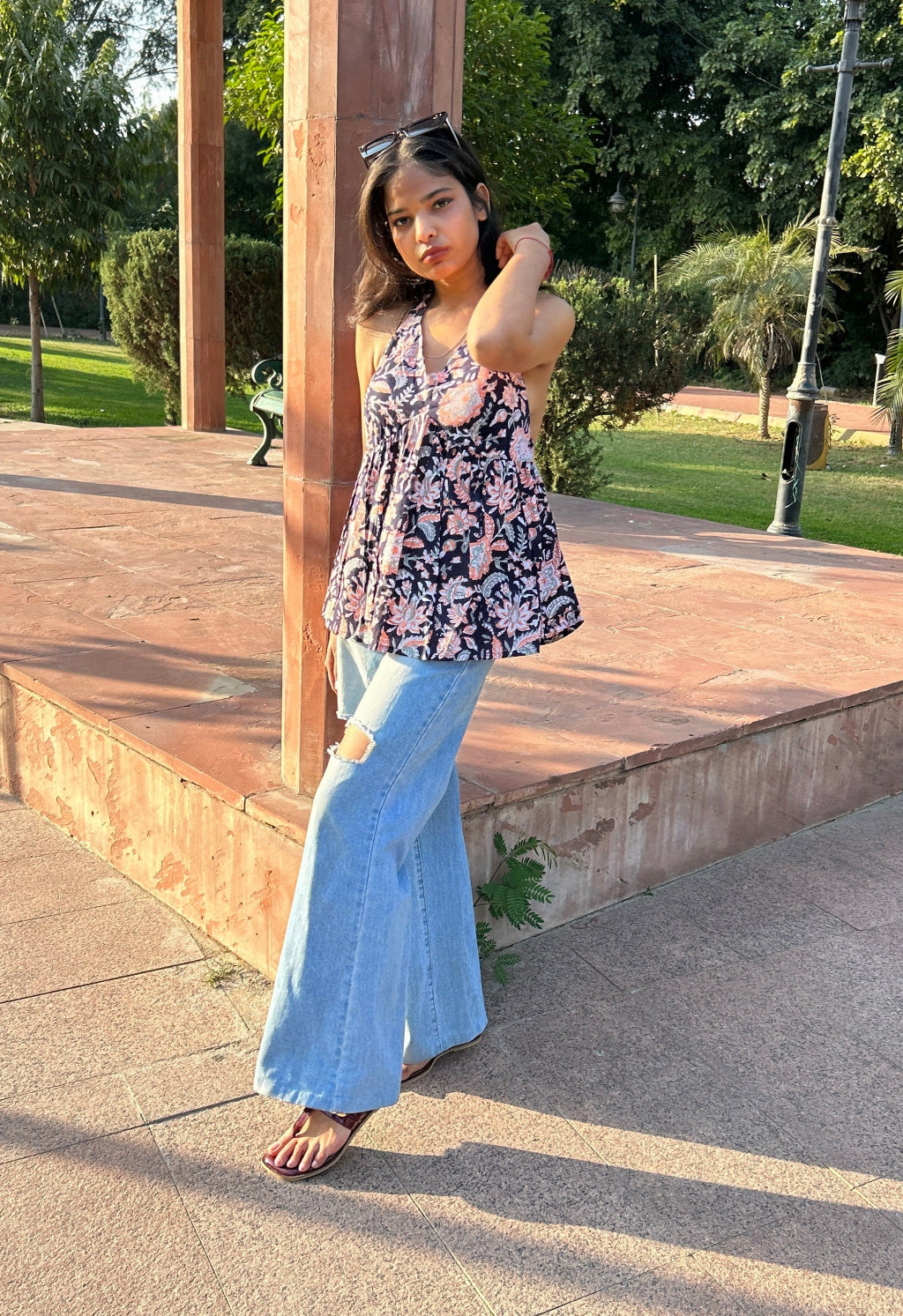 Black block printed short top