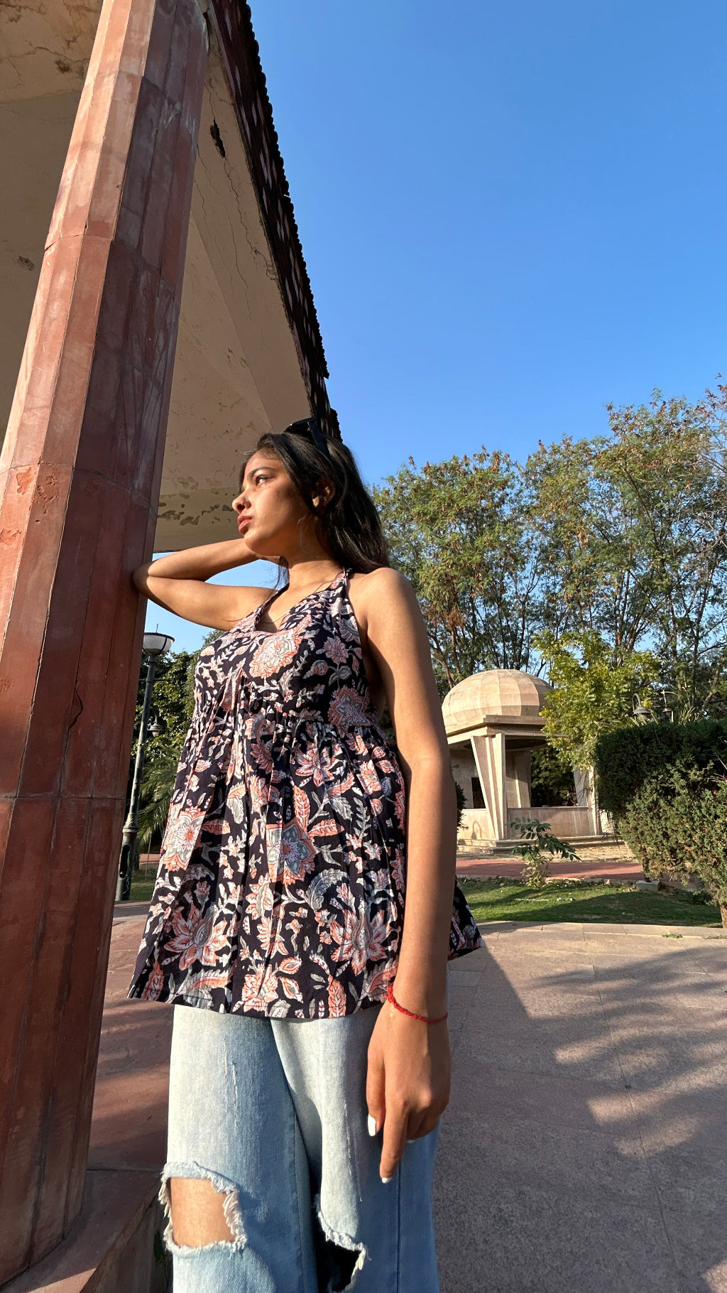 Black block printed short top