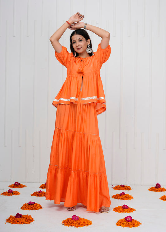 Orange Muslin Co-ord Set with Tiered Skirt & Peplum Top