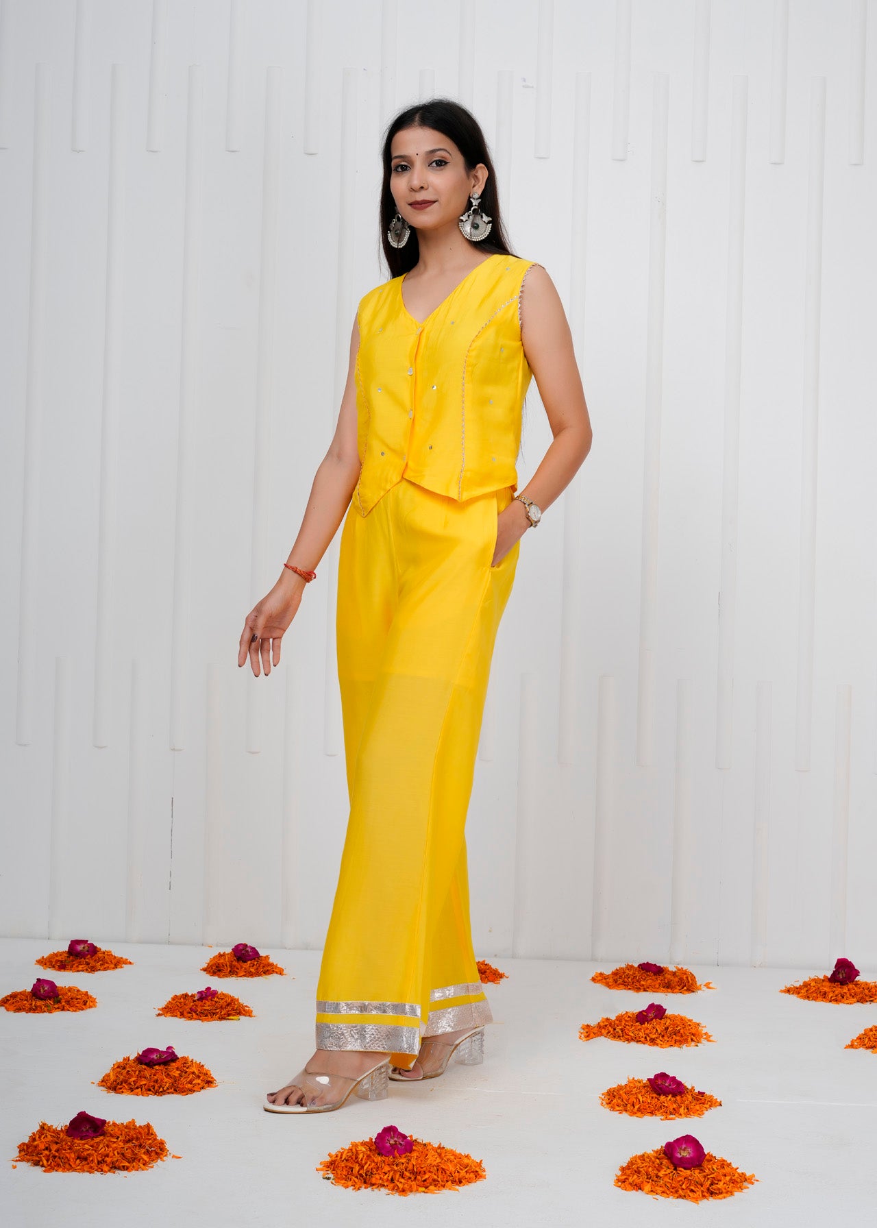 Yellow Waistcoat & Straight Pants Co-ord Set