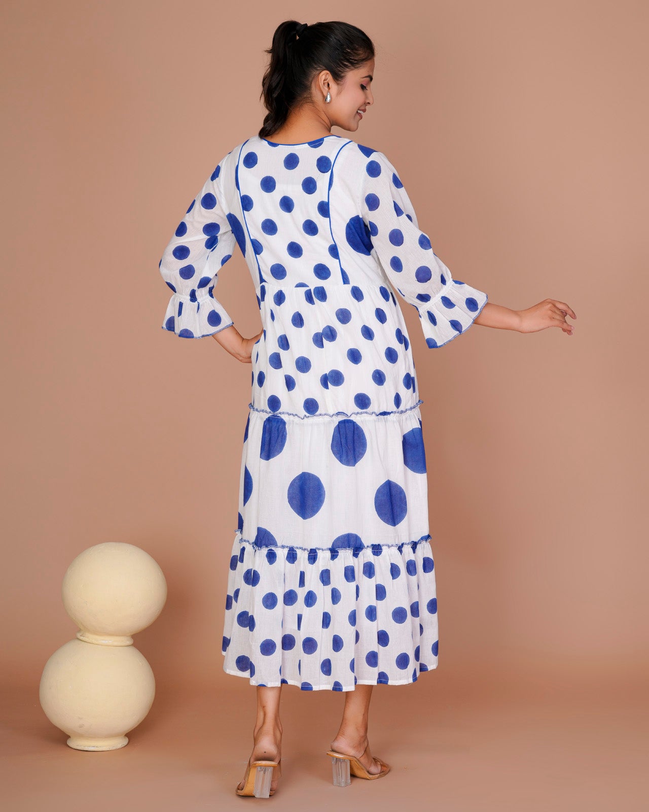 BLUE MIX POLKA PRINT LONG DRESS