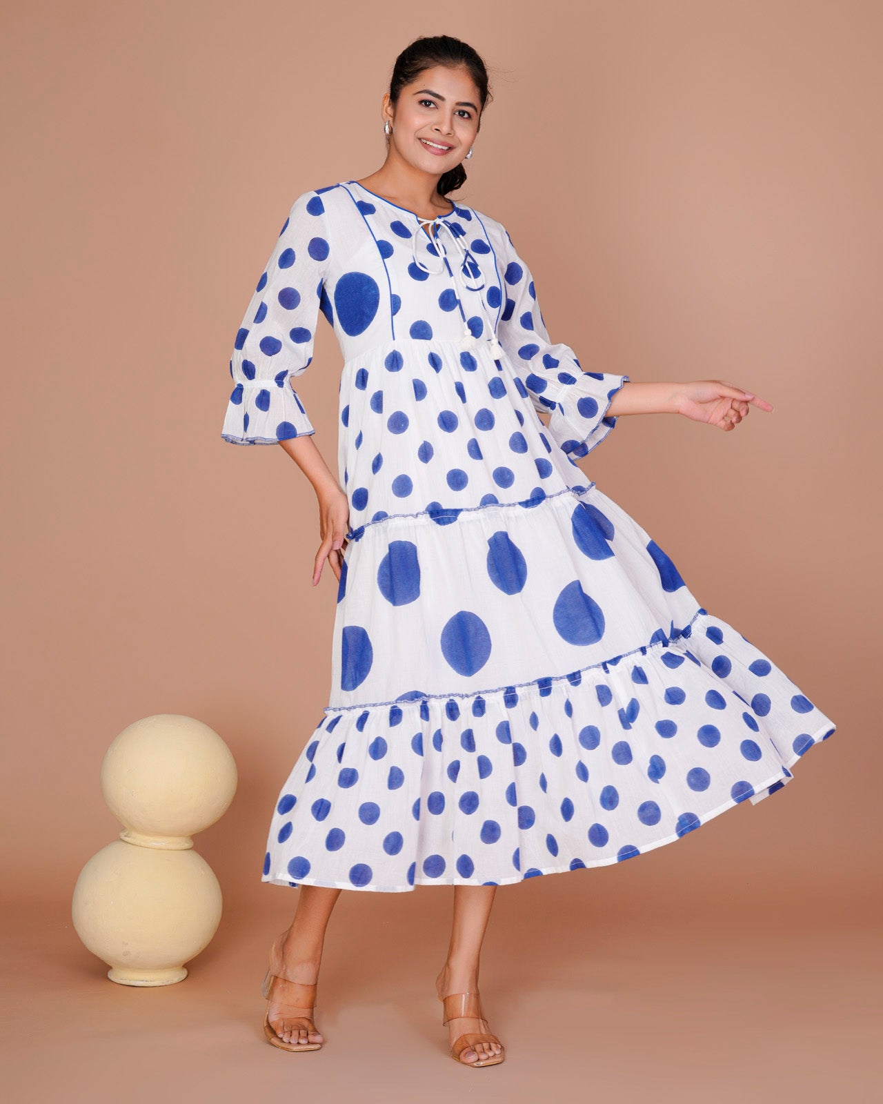 BLUE MIX POLKA PRINT LONG DRESS