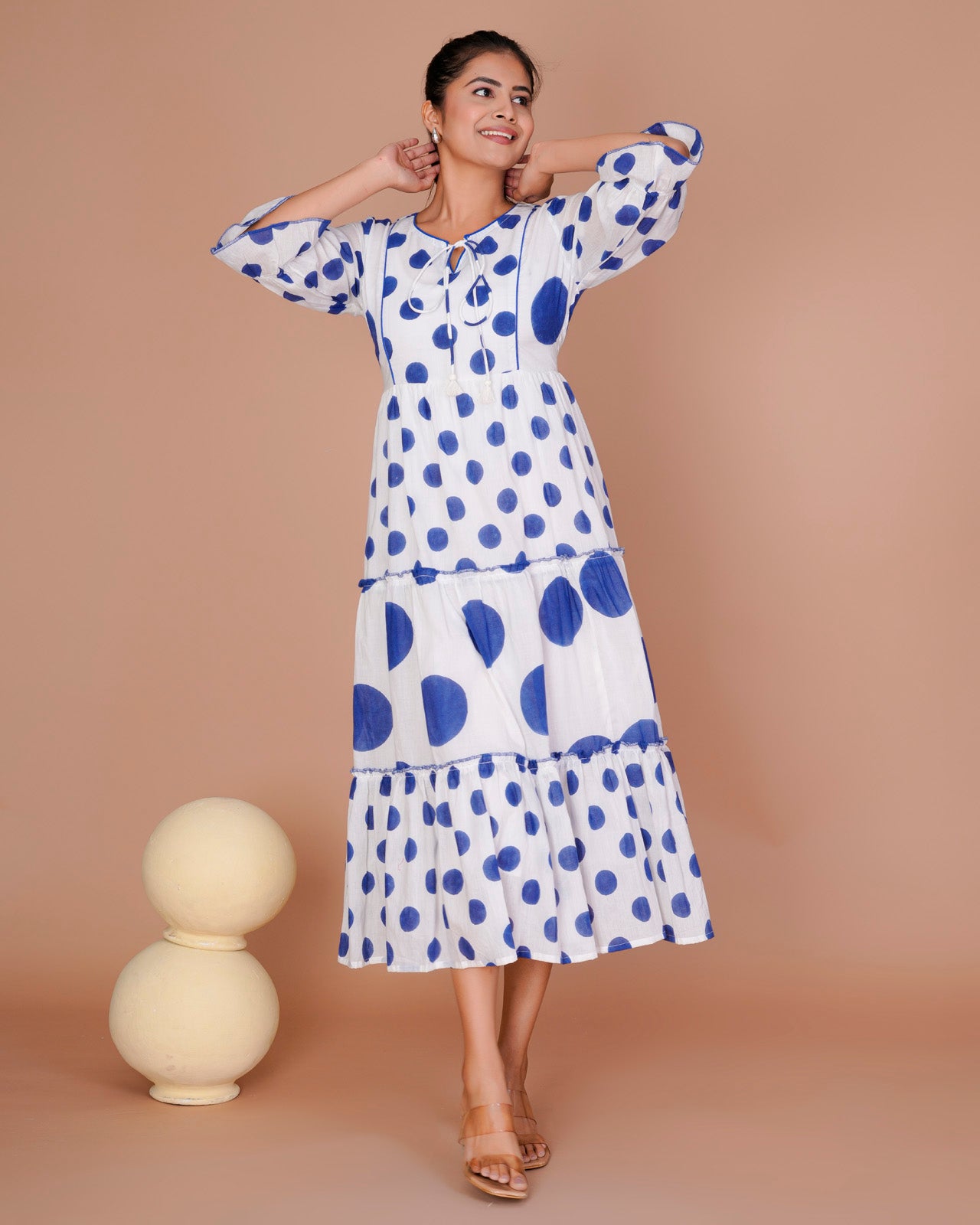 BLUE MIX POLKA PRINT LONG DRESS