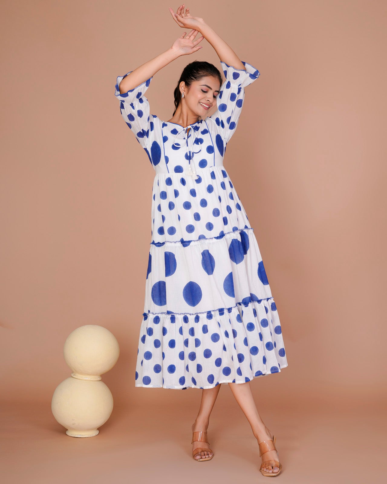 BLUE MIX POLKA PRINT LONG DRESS