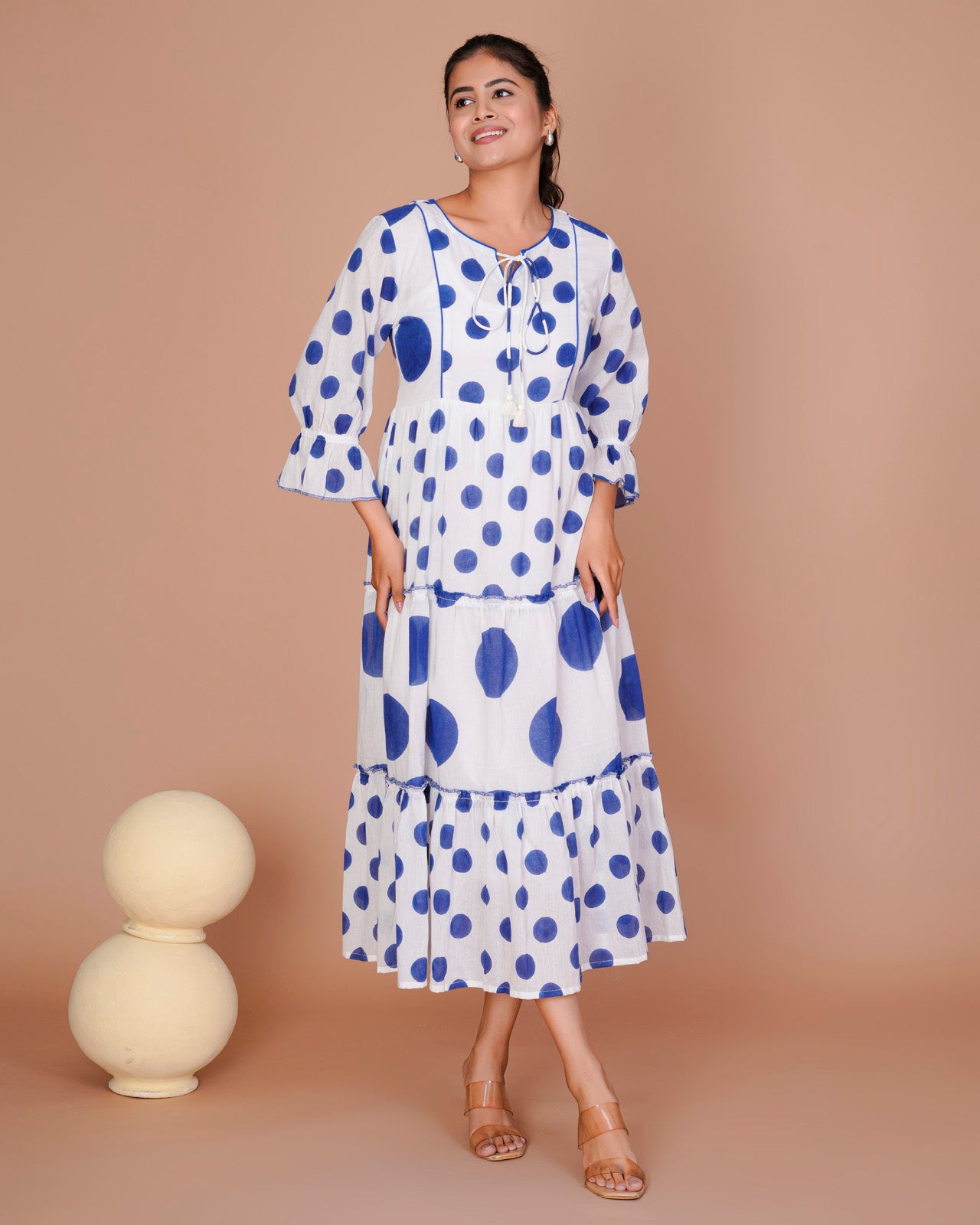 BLUE MIX POLKA PRINT LONG DRESS
