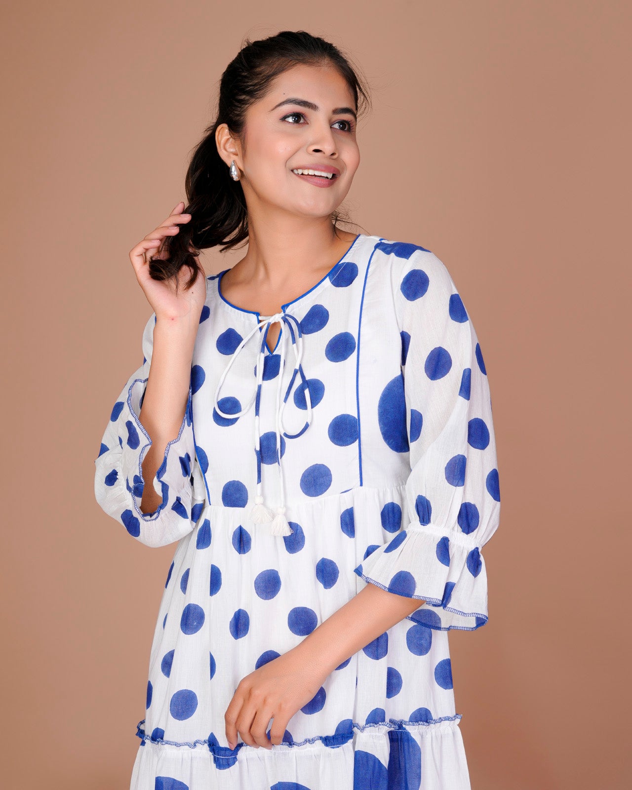 BLUE MIX POLKA PRINT LONG DRESS