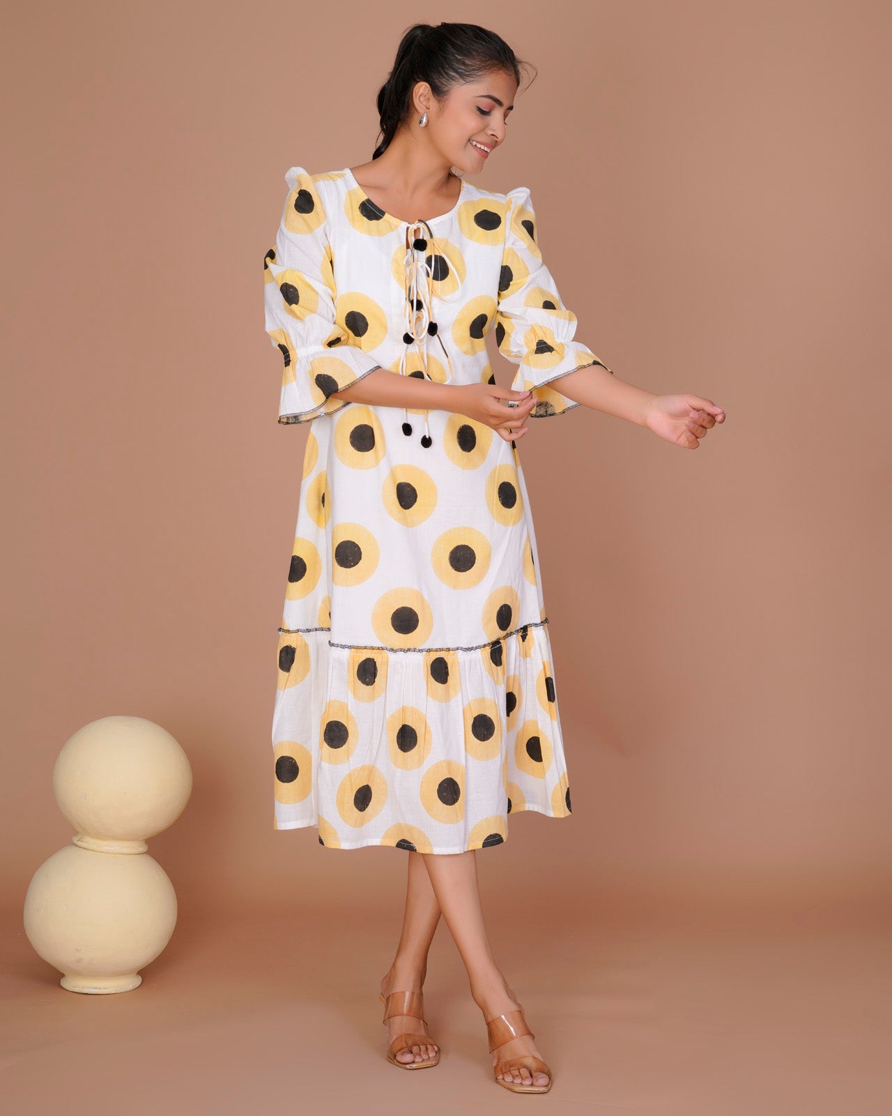 SUNFLOWER POLKA PRINT LONG DRESS