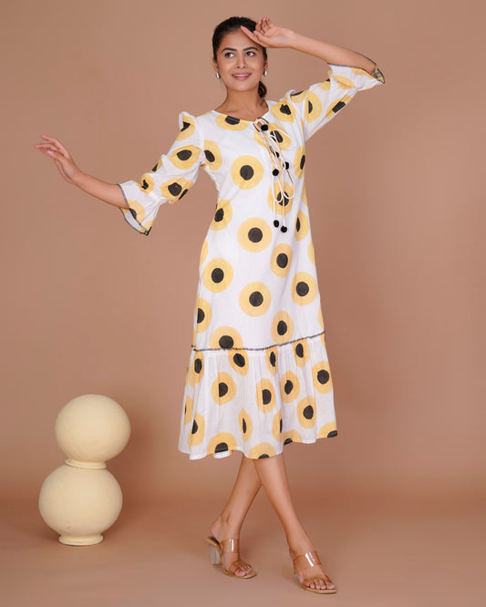 SUNFLOWER POLKA PRINT LONG DRESS