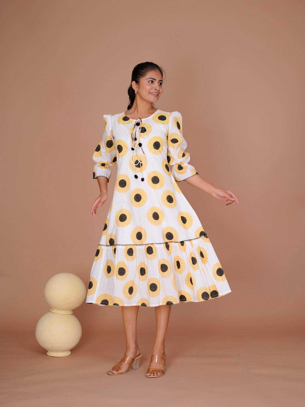 SUNFLOWER POLKA PRINT LONG DRESS