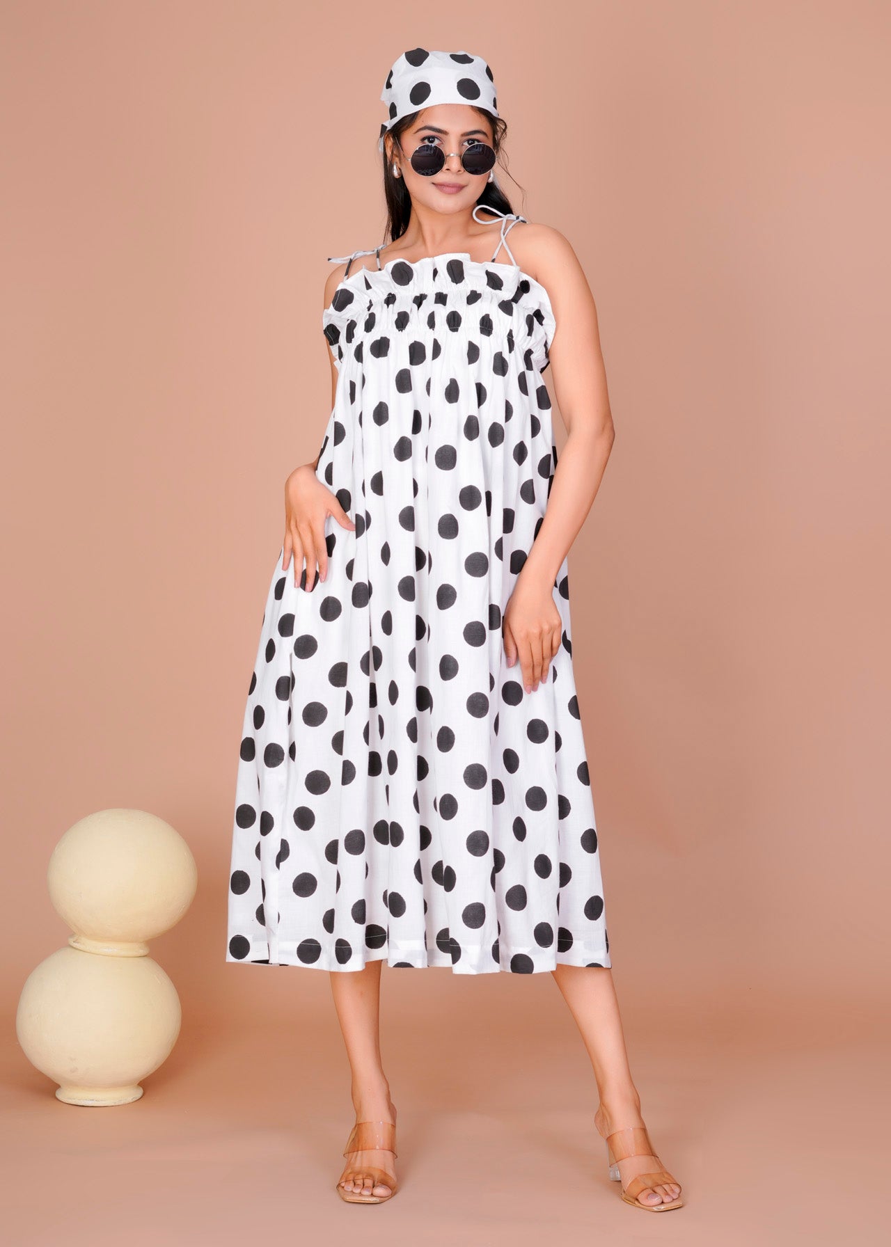 BLACK STRAPE POLKA LONG DRESS