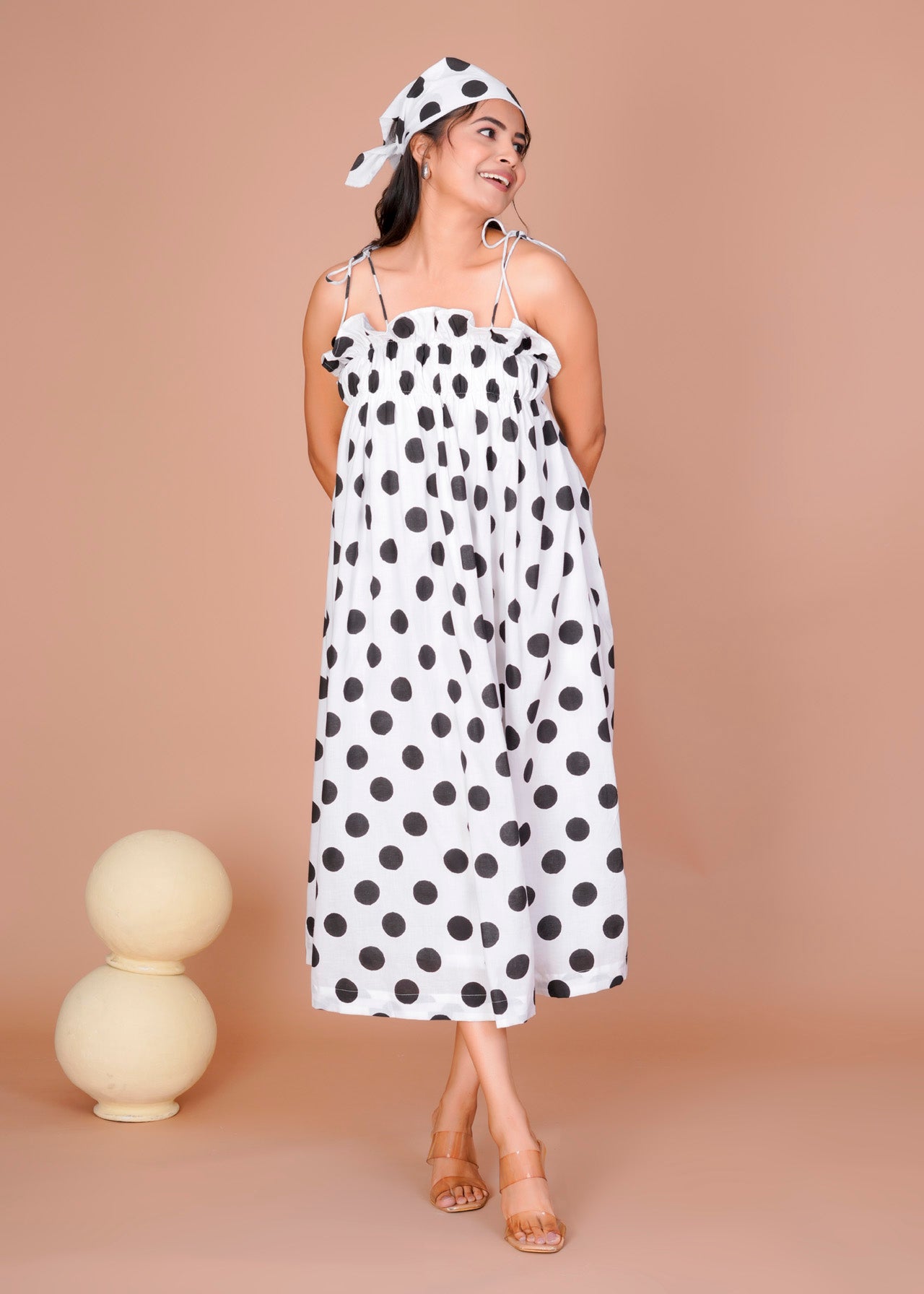 BLACK STRAPE POLKA LONG DRESS
