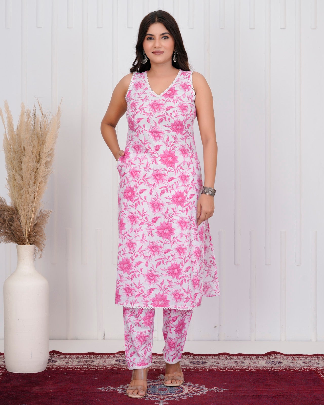 White & Pink Sleeveless Cotton kurta Set