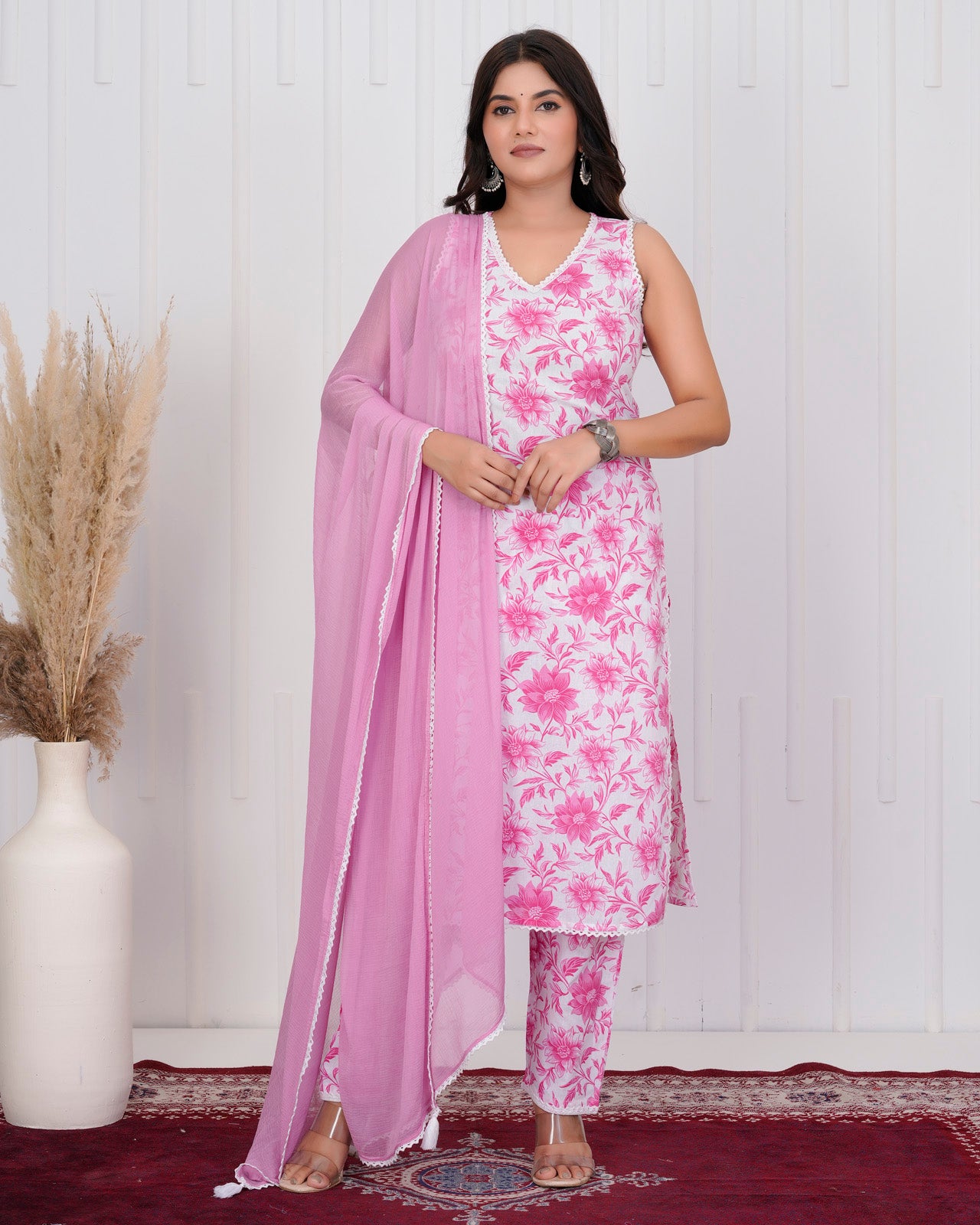 White & Pink Sleeveless Cotton kurta Set