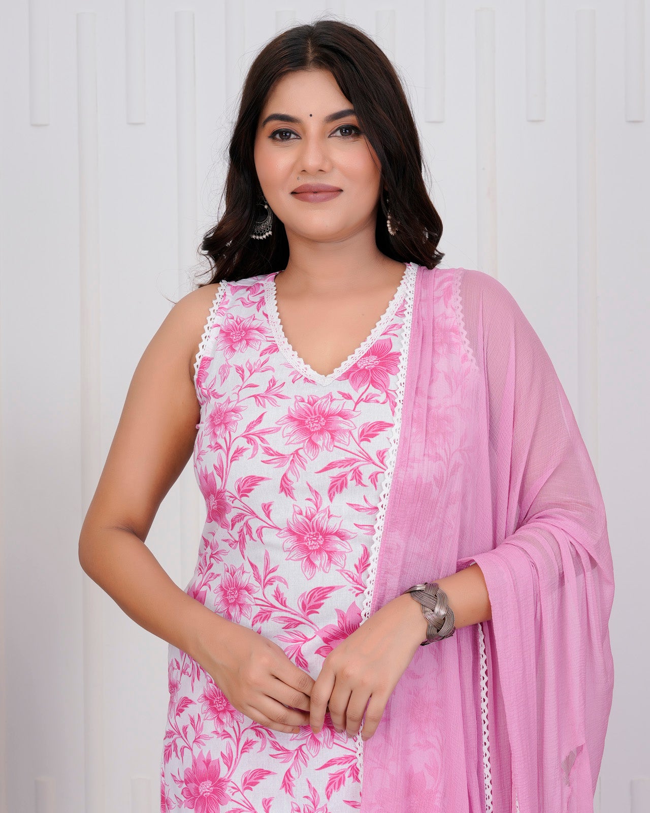 White & Pink Sleeveless Cotton kurta Set