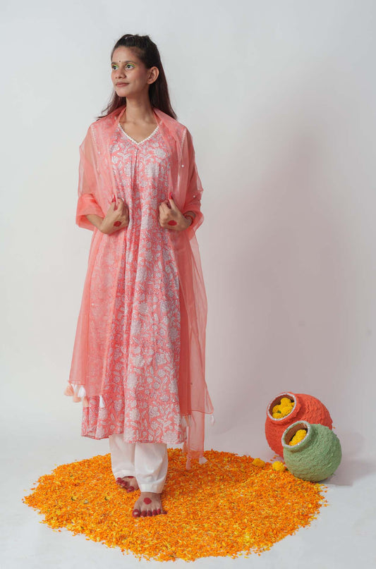 Peachy twinkle block kurta set