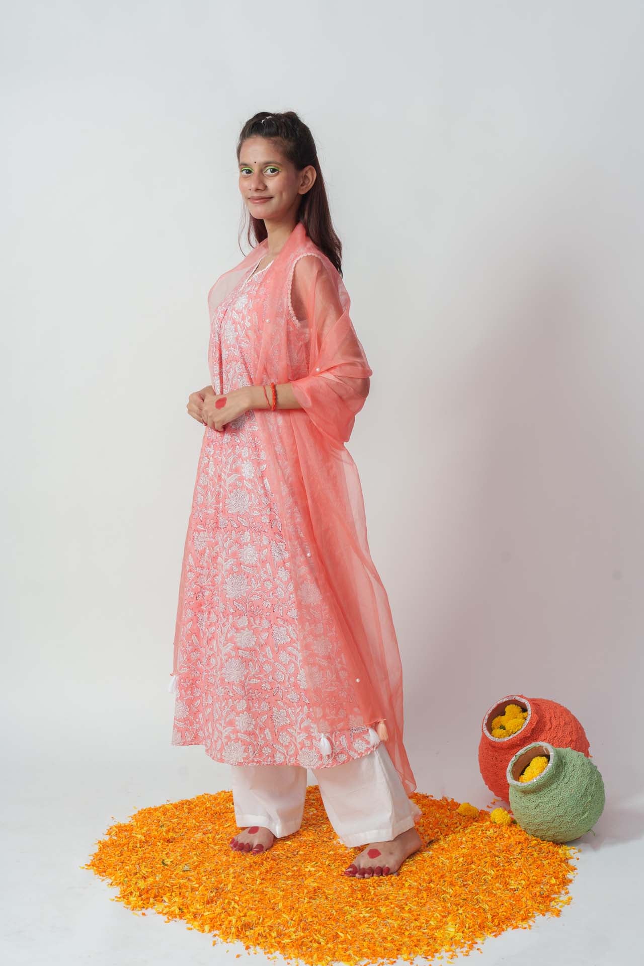Peachy twinkle block kurta set